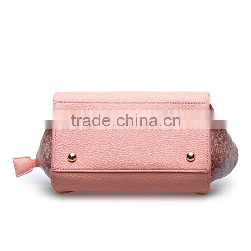 Wholesale fancy nice look pink snake skin pattern genuine leather handbag