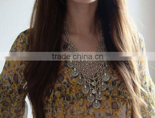 New Gypsy Boho Ethnic Silver Plated Alloy Coin Tassel Charm Necklace