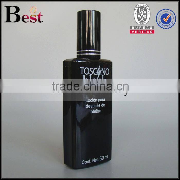 silk printing 60ml shiny black glass perfume bottle with shiny balck sprayer