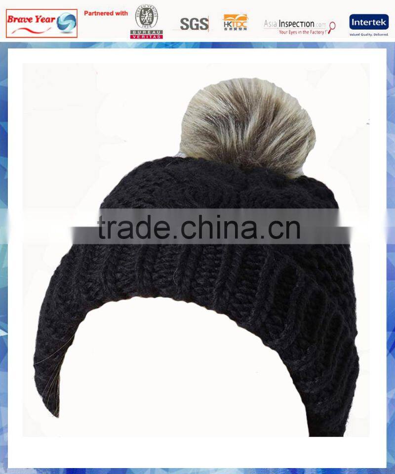 Black chunky cable knit hat/custom pom pom beanies/fur pom pom beanie