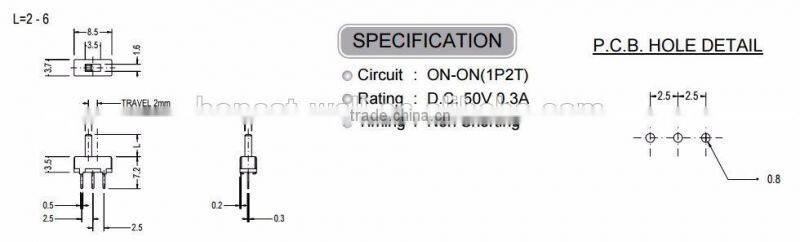 SS22F03 Vertical Type 2P2T Slide Switch