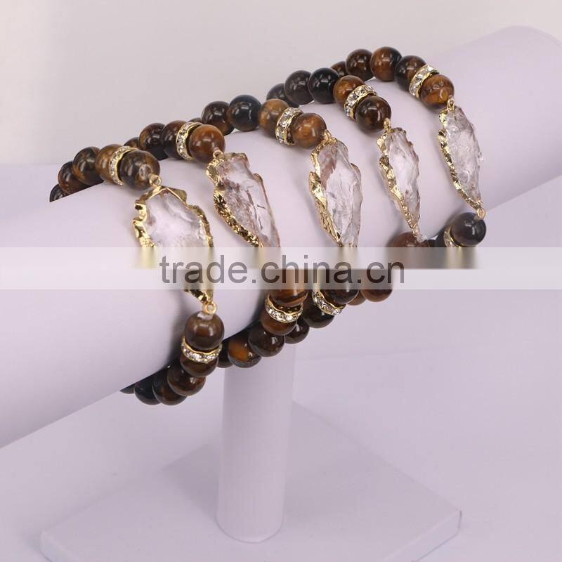 Natural Tiger Eye Beaded Bracelets, Gold Plated Arrow Gem stone Connector Druzy Bracelet