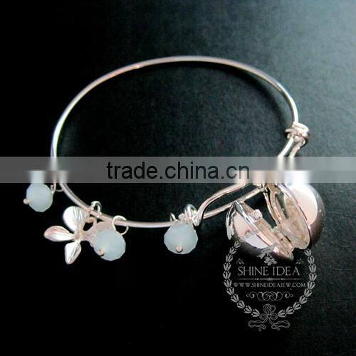 silver flower round ball photo locket ice blue glass beads orchid flower charms fashion women wiring bangle bracelet 6440015