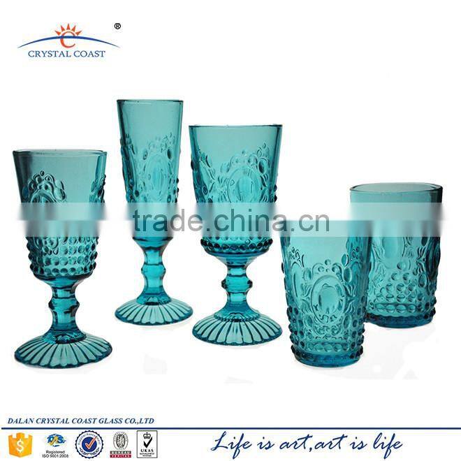 blue colored glass stemware
