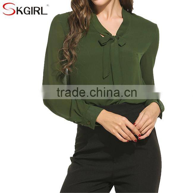 Casual loose fit tie-bow neck long cuffed sleeve office wear tops latest formal skirt chiffon blouse patterns for ladies