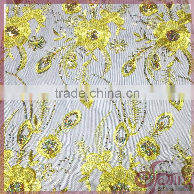 golden flower with beads embroidery lace fabric for dress/tunic/wedding dress