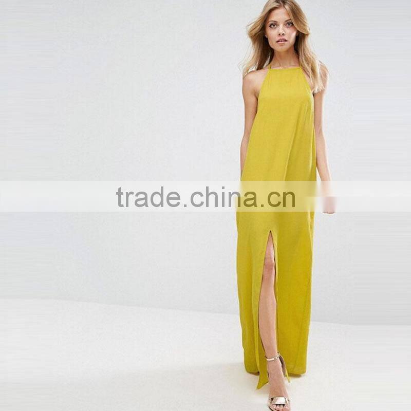 2017 Summer High Neckline Front Split Sexy Long Yellow Dresses For Women HSd9018
