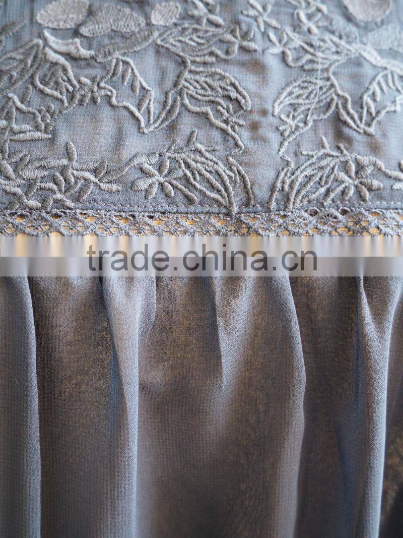 Sexy Chiffon Fluffy Bat Sleeve with Floral Embroidery Design Ladies Blouse Top