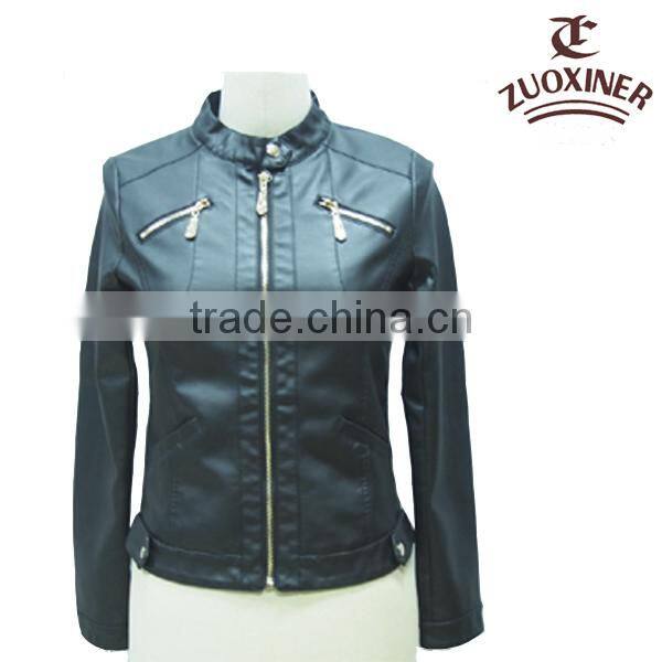 round collar soft pu leather women black jacket 2014