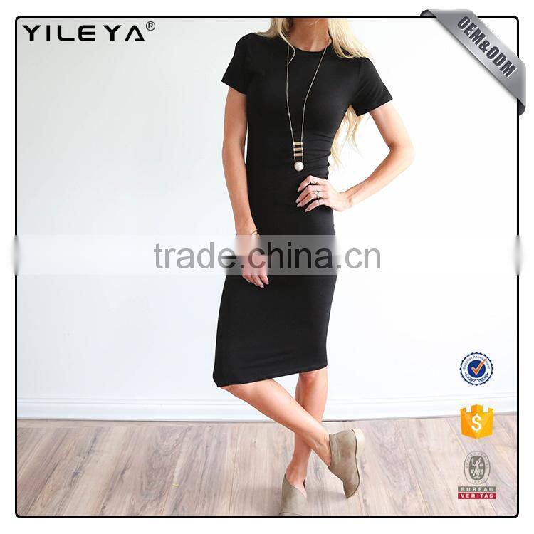Factory supply ladies plain cotton dress designs,knee length one piece black dress,women bodycon midi dress