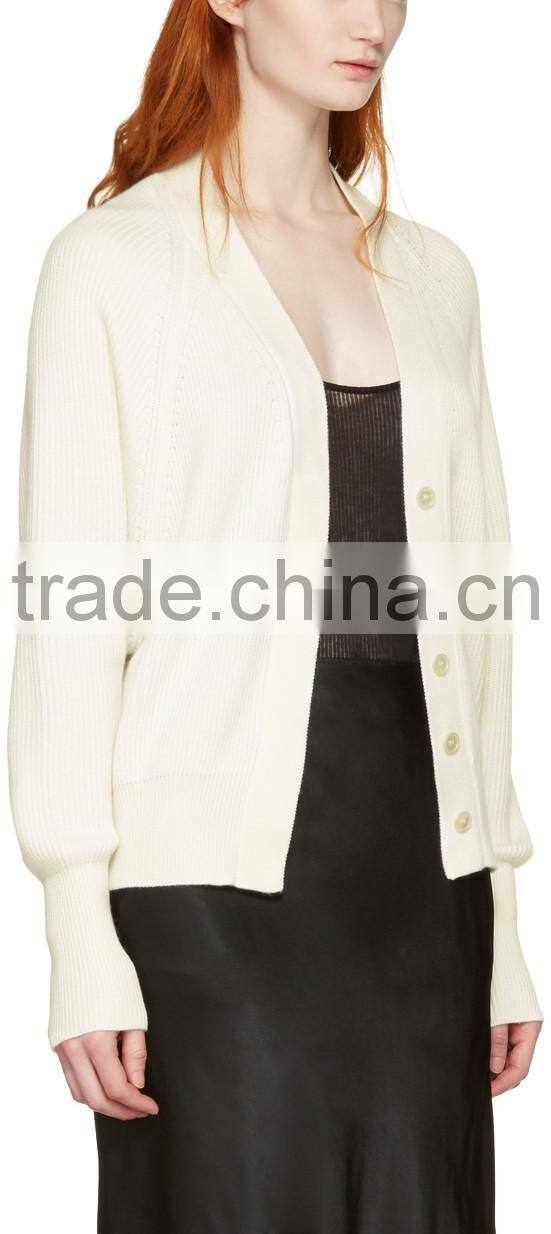 Raglan Sleeve Y-Neck Collared Ivory White Rib Knit Cashmere Cardigan for Women