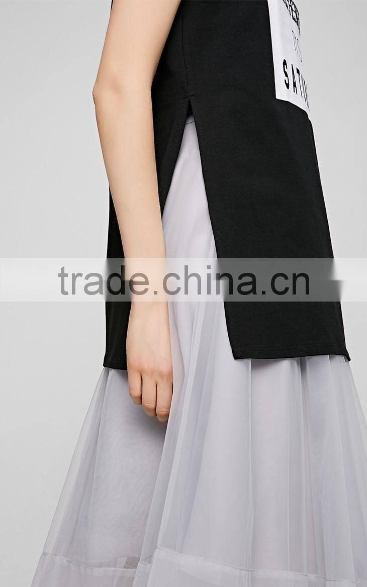 Women's English pattern high quality cotton long printing casual t shirt with high split sides