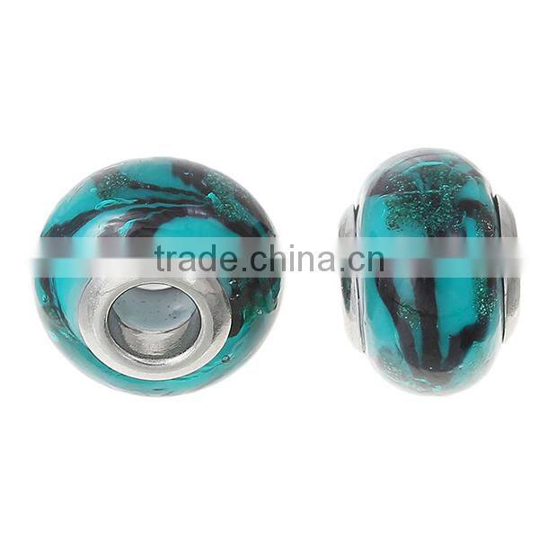 Lampwork Glass European Style Large Hole Beads Round Pattern Dark green & Dark With 304 Stainless Steel Silver Tone Core