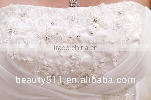 A-Line Satin/Organza Strapless Pearls Beaded Long Trail Gown Wedding dress ball gowns bridal gowns