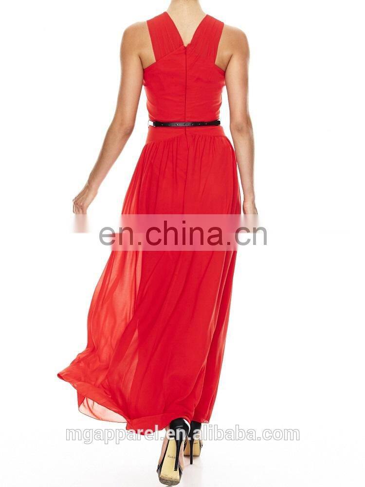 Latest evening dress pattern V neckline ruched skirt formal dress for woman