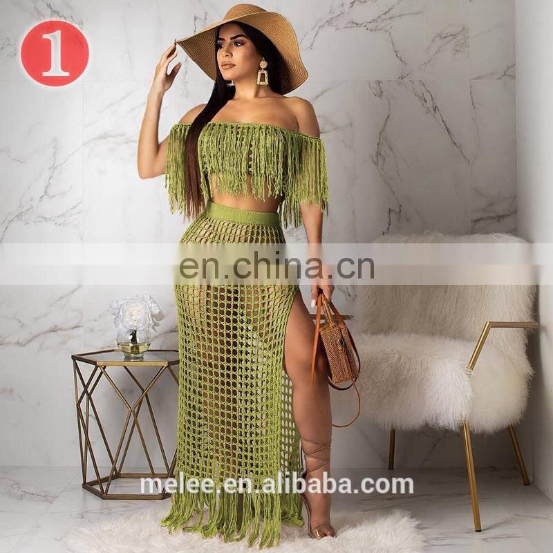 women summer two piece clothing off shoulder tassel swim wear cover up beach maxi dress bikinis 2020 swimwear beachwear