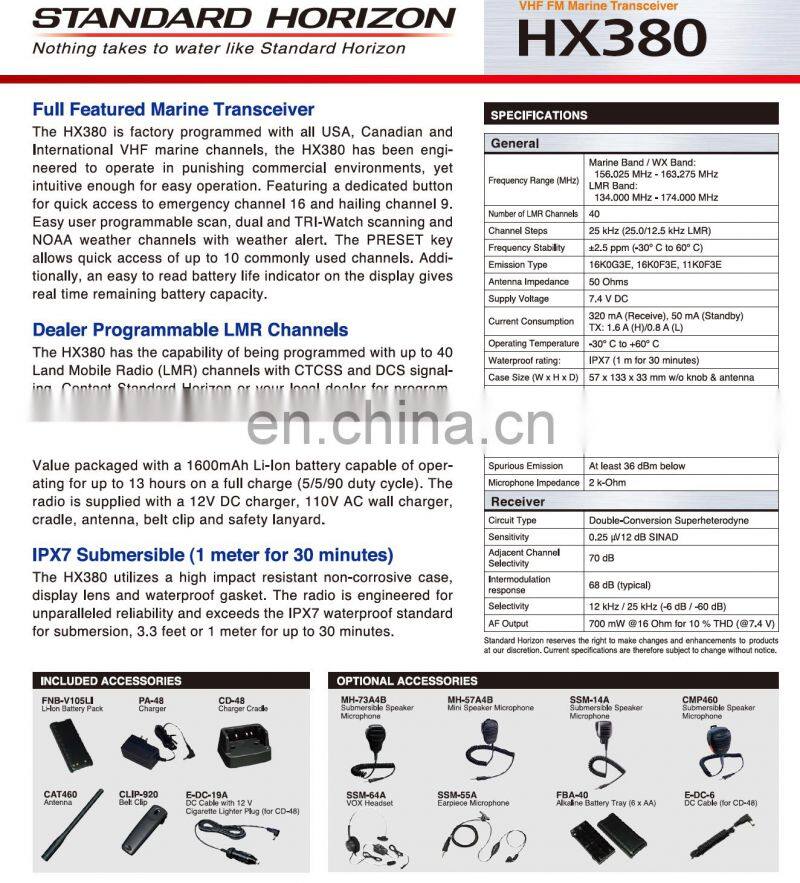 Marine electronics maritime navigation communication standard horizon HX380 5W submersible handhold VHF radio transceiver