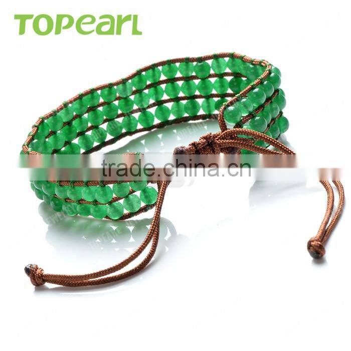 Topearl Jewelry Malaysian Jade Handmade Bracelet Woven Leather Wrap Bangle CLL178