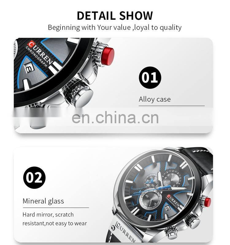 CURREN 8346 Men Black Leather Strap Analog Quartz Watches Chronograph Calendar Luminous Mens Wrist Watch