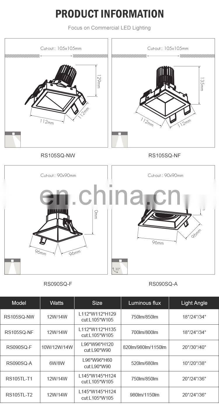 China Manufacturer Aluminum Recessed Mounted Cob 14W 12W Indoor Bedroom Market Led Spotlight