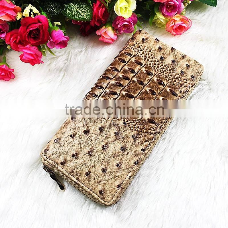 High Quality Brown Wrinkle PU Leather Rivets Decoration Long Wallet For Women With Zipper