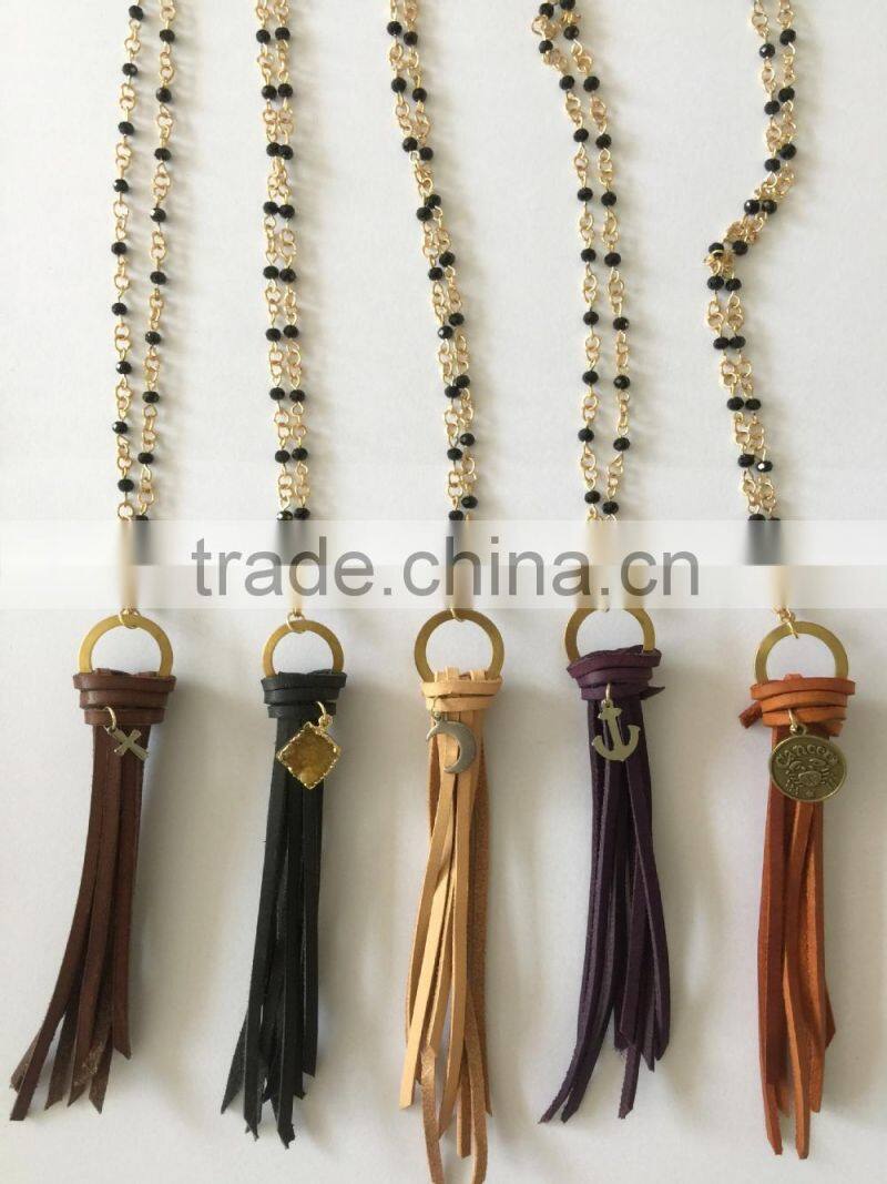 Latest Popular Natural Stone Beads Jeweled Slim Velvet Tassel Necklaces