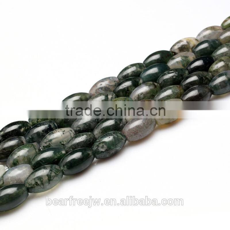 Natural Moss Agate Barrel Drum Rice 8*12mm Semi-Precious Gemstone Jewelry Making Loose Beads