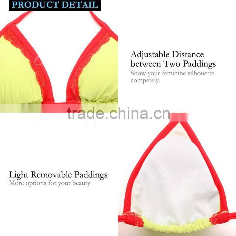 New Sexy Triangle Top 2016 Bikini Swimsuit Greenish Yellow + Red Lace with Classic Cut Bottom Colloyes