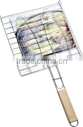 Wood Handle Rectangle BBQ Grill Grates Wire Mesh 32x19cm