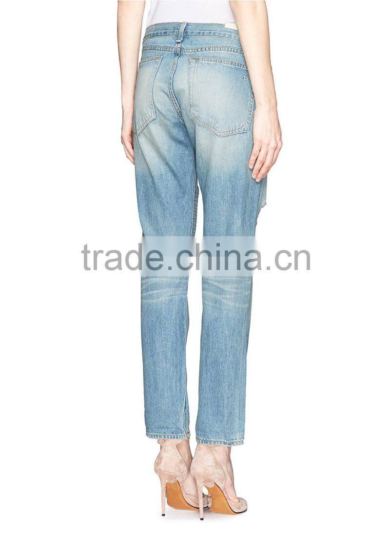 2014 100% Cotton Washed Distressed Hot Boyfriend Denim Pant Light Blue Women Jeans Wholesale Price China