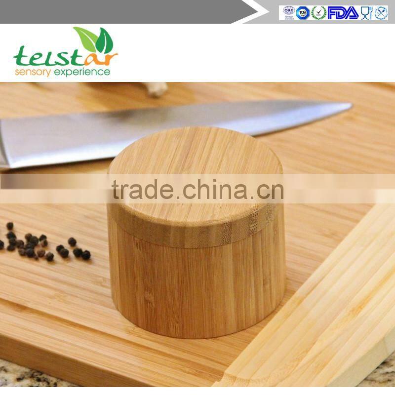 Round Bamboo Salt Box with Magnetic Closure is Eco-Friendly, 100% Organic bamboo, Professional-Grade, salt and pepper shaker