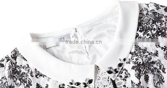 IWATOO Doll collar lace printed chiffon female T-shirt