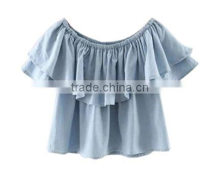 2016 Women Off Shoulder Ruffle Hem Sexy Slash Neck Cute Summer New Fashion Cotton Loose Blouse