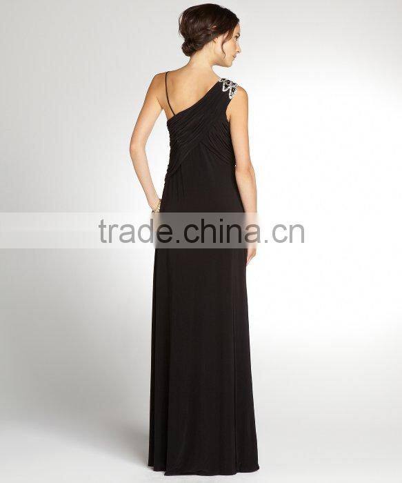 Black Stretch Ruched Embellished One Shoulder Gown,designer clothing manufacturer in China