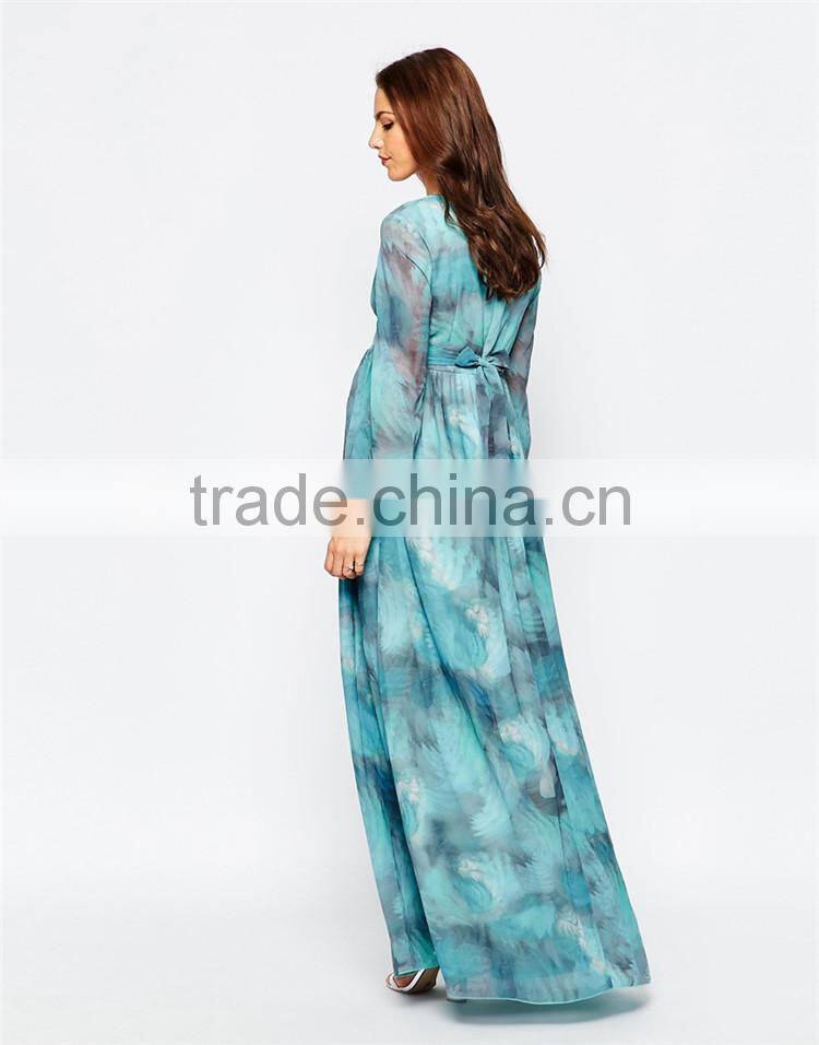 Maternity printed maxi long sleeve maternity dress for muslim with wrap front