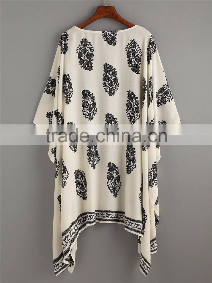 Custom Design Women Beachwear Half Loose Sleeve Beige Vintage Pattern Print Kimono
