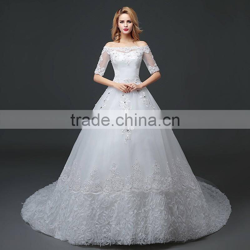 MGOO Manufacturer Off Shoulder Tail Wedding Dress Lace Up Ballgown Skirt Maternity Wedding Brail Party Dress