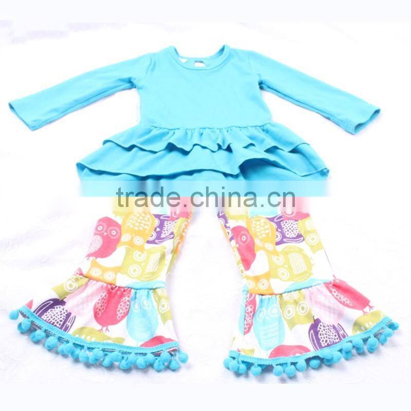 Ruffle Hem Blue Top With Owl Animal Prints Ruffle Pants Outfits Set Toldder Girl Clothing Set LBYTZ001-37