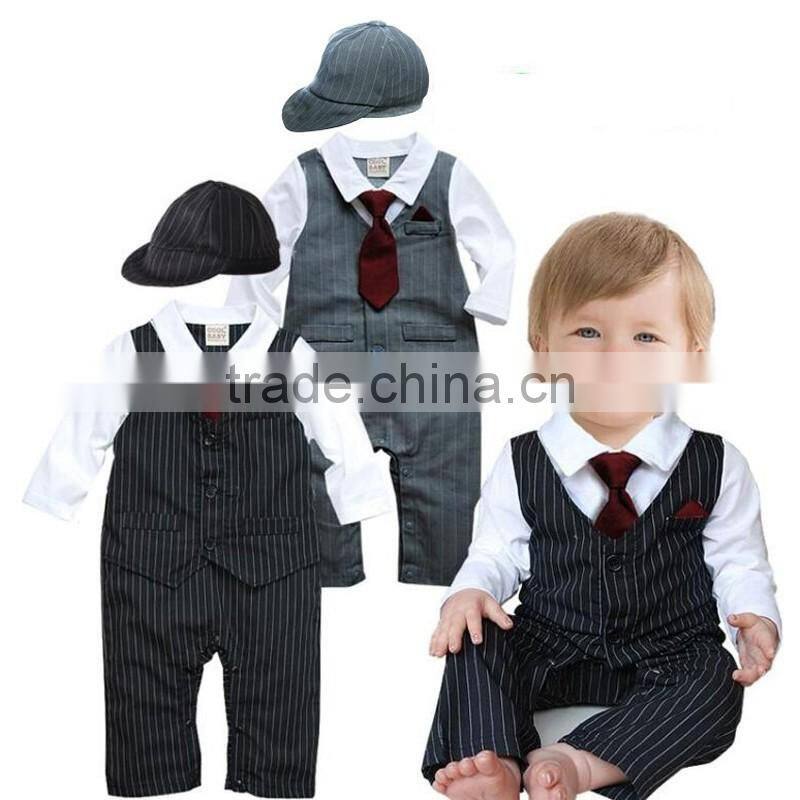 Spring and Autumn Gentlemen Boys Long Sleeve Bodysuit Necktie Stripes Rompers Baby Boys Suit