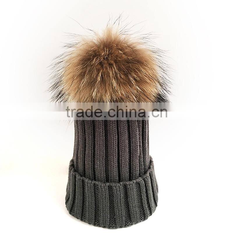 Myfur Dark Gray Wool Knitting Hat Couple Cap with Raccoon Fur Pompom