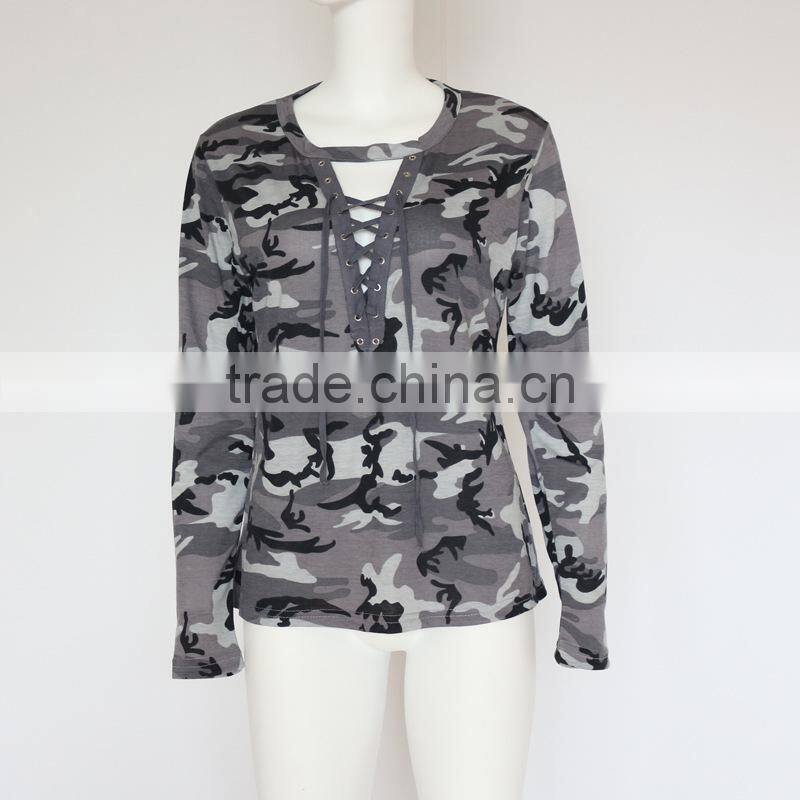 Women's hollow-out deep V-neck long sleeve camo t shirt