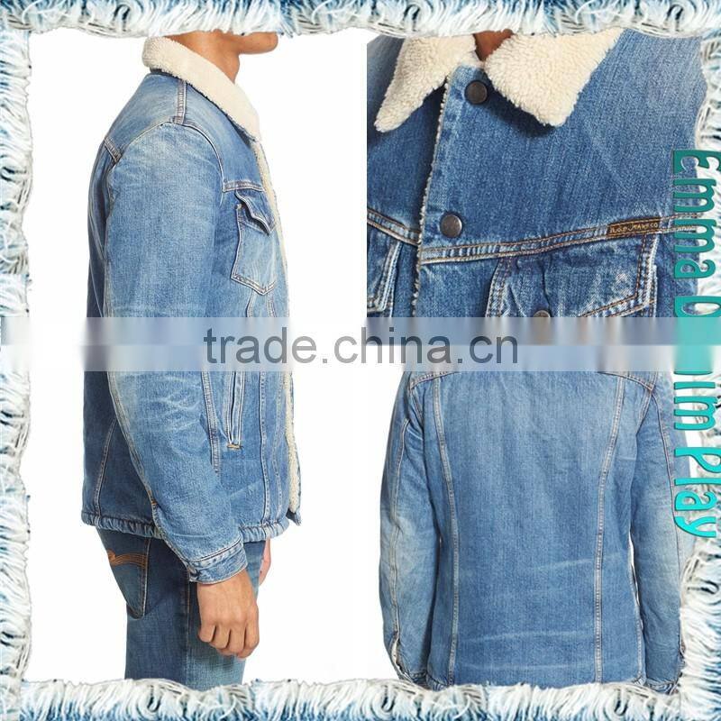 2016 Wholesale Men's Raw Blue Slim Long Sleeve Thick Fleece Lined Winter Denim Jackets