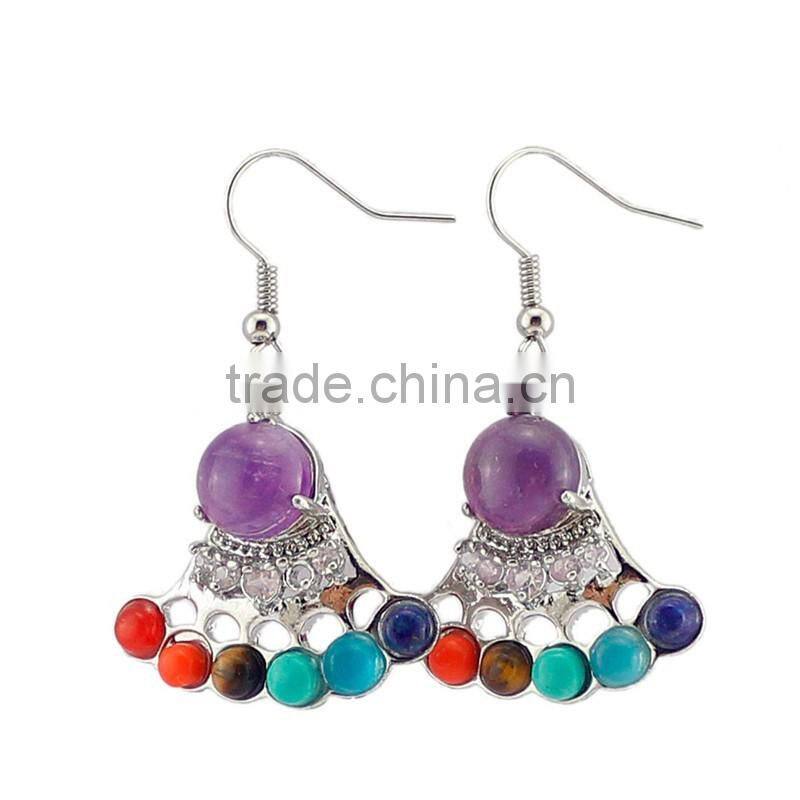 Chakra Amethyst Natural Stone Crown Drop Earrings