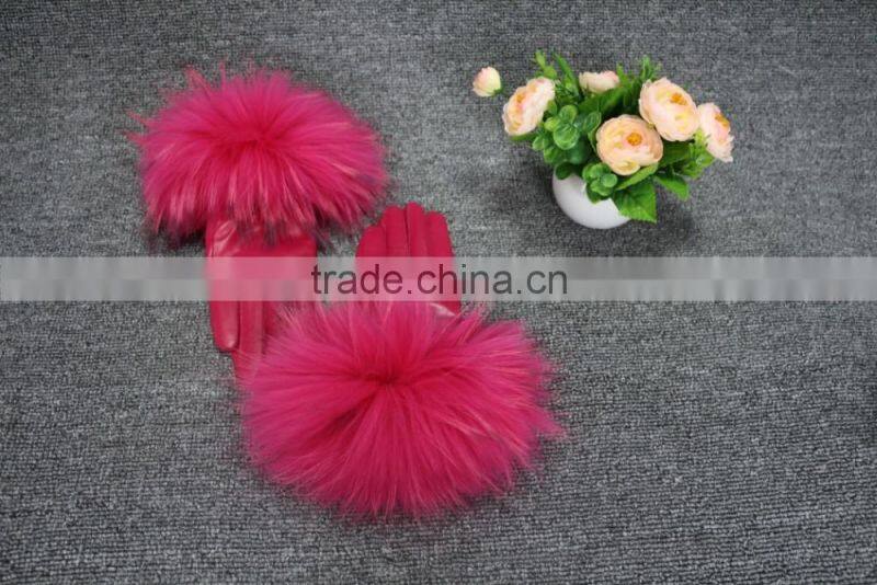 Hot Sell Ladies Winter Warm Genuine Leather Gloves With Raccoon Fur Cuff