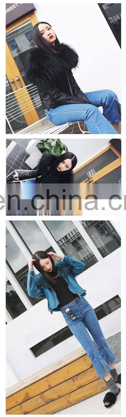 Winter Warm Fashion Real Large Raccoon Fur Collar Sheep Fur Coat / Genuine Merino Sheepskin Women's Leather Coat