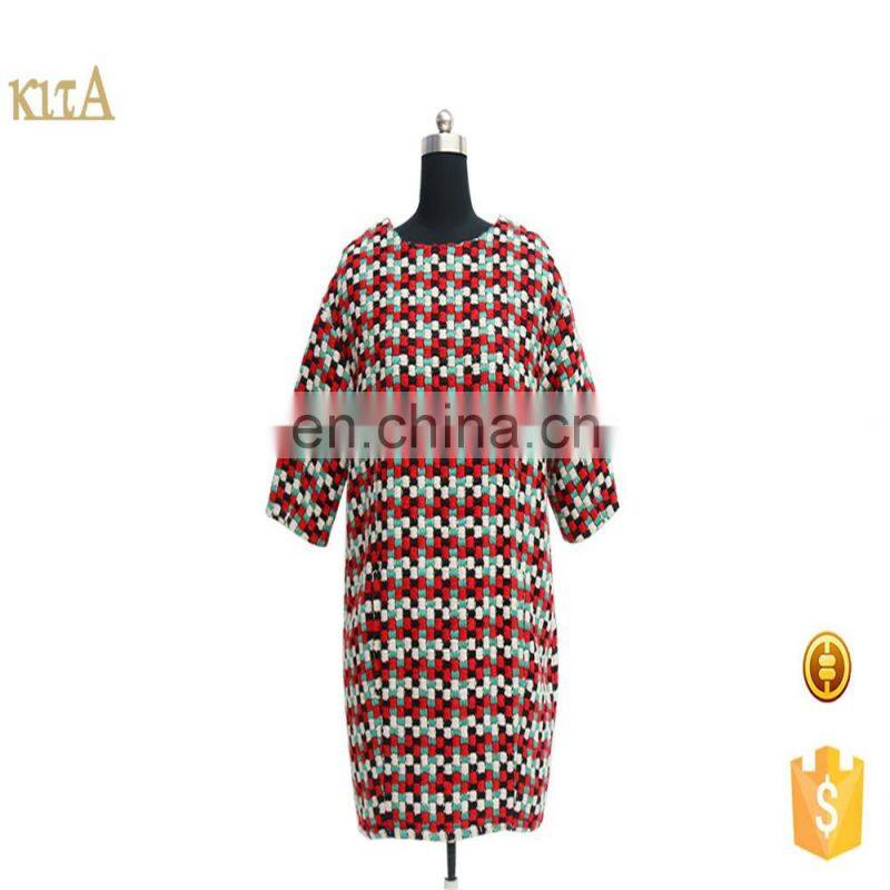 Women high quality fashion middle length sleeve wool check winter dress