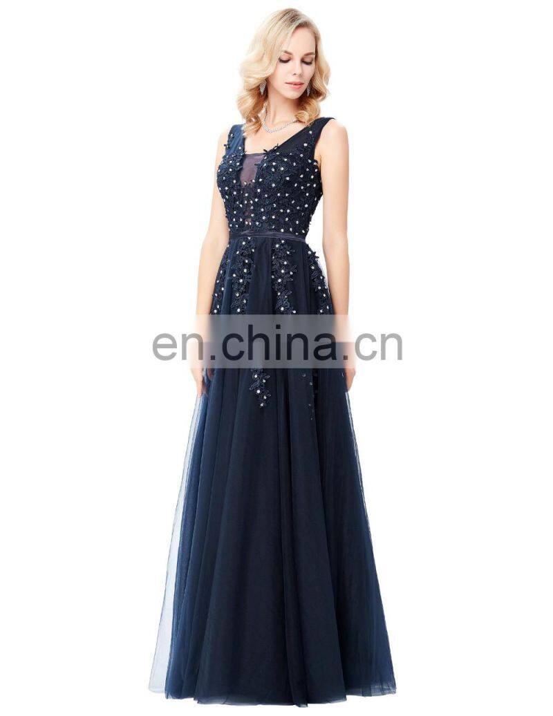 Grace Karin Elegant Deep V-Back Soft Tulle Netting Sleeveless Long Navy Blue Evening Dress 8 Size US 2~16 GK000130-1