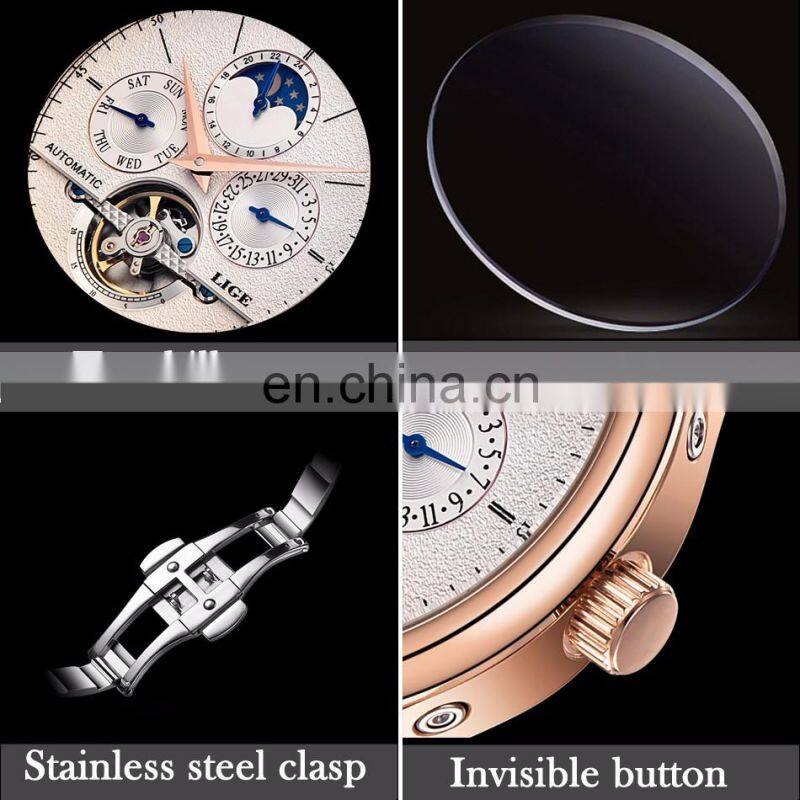 Lige 6826 Retro Men Mechanical Watches Tourbillon Waterproof Leather Top Brands Luxury Watch Automatic Mens