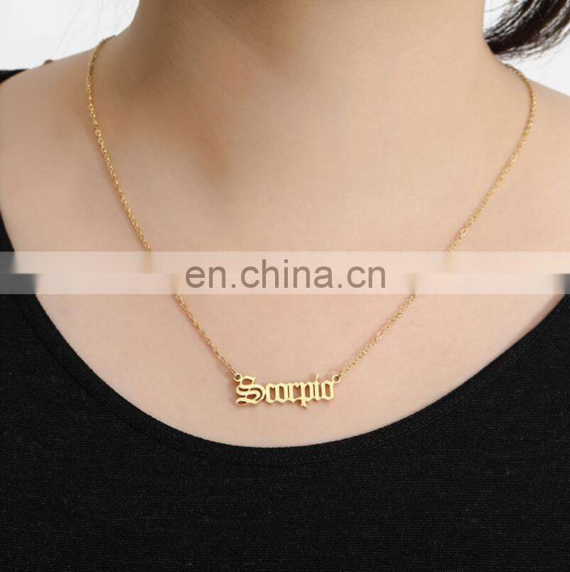 Vintage Gold Silver Stainless Steel 12 Zodiac Sign English Letter Necklace For Women Birthday Jewelry Gift