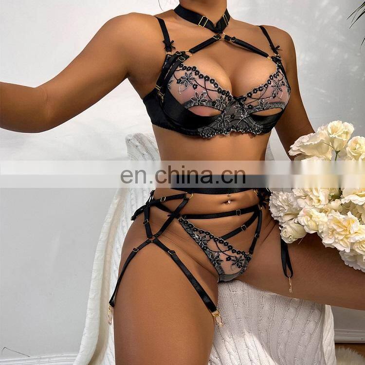 3pcs Hollow Out Pink Bandage Erotic Bra Panties Set Pink Color with Neck Ring 2022 Lingerie